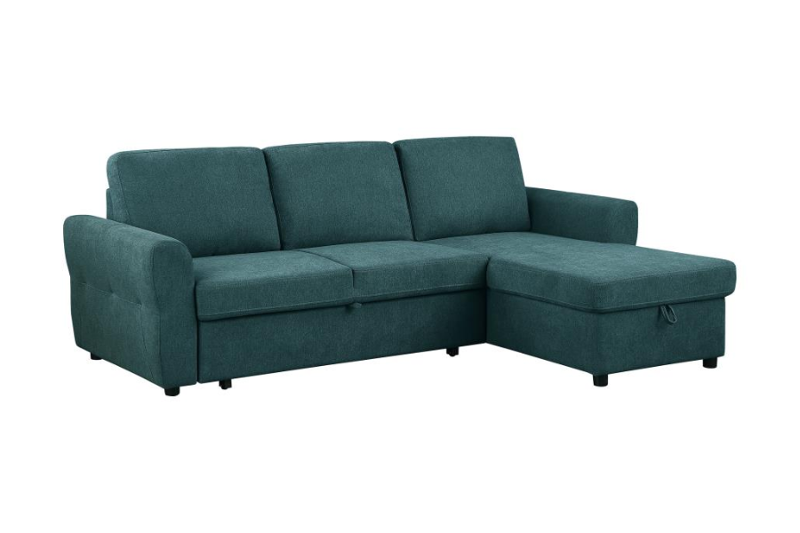 Sofá cama seccional tapizado con espacio de almacenaje Samantha, color verde azulado 511087 