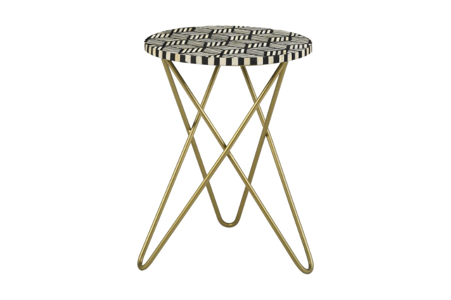 Xenia Round Bone Inlay Accent Side Table White and Gold 935878