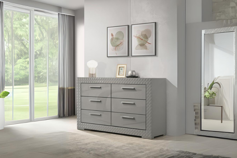 Ives 6-drawer Dresser Cabinet Grey High Gloss 224973