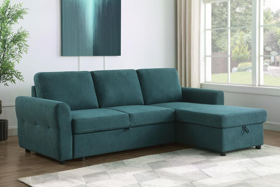 Sofá cama seccional tapizado con espacio de almacenaje Samantha, color verde azulado 511087 