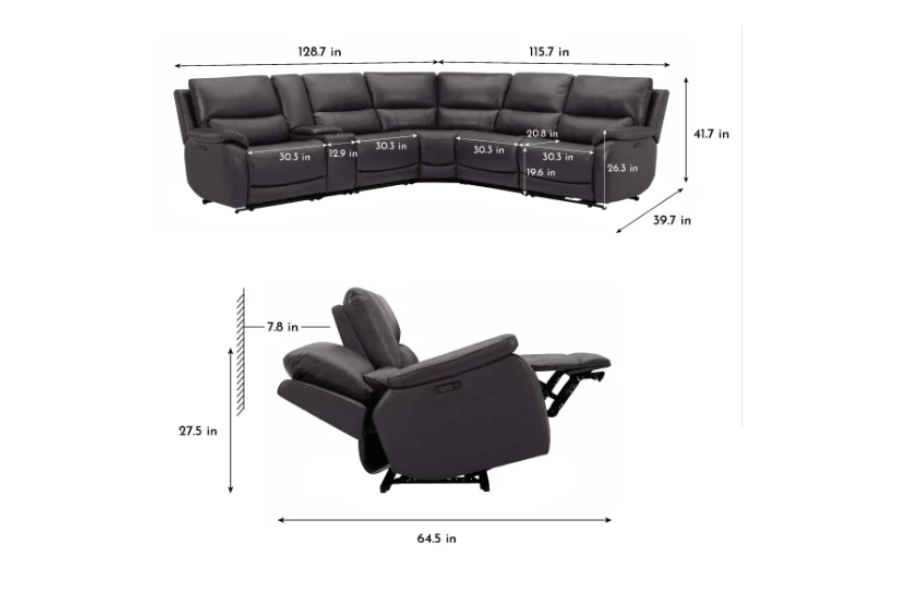 Seccional reclinable eléctrico de cuero Wylder con reposacabezas eléctricos, modelo de piso