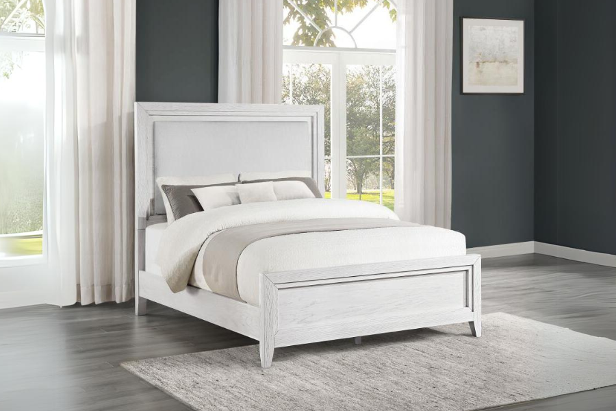 Marielle Eastern King Upholstered Panel Bed Distressed White 224841KE