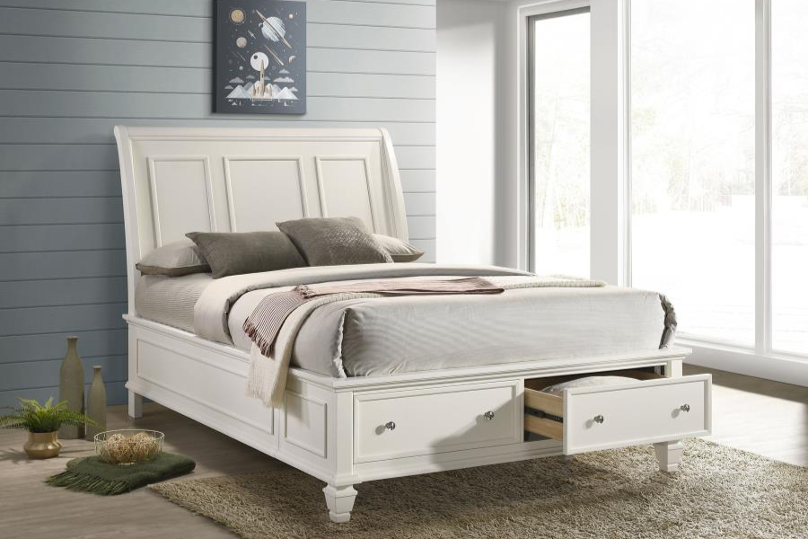 Sandy Beach Wood Queen Storage Panel Bed Cream White 201309Q