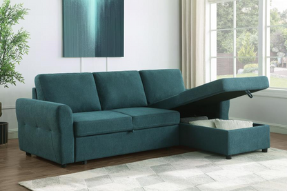 Sofá cama seccional tapizado con espacio de almacenaje Samantha, color verde azulado 511087 