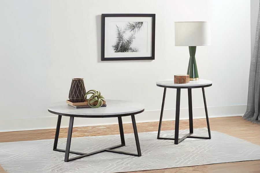 Hugo Round Faux Marble End Table White and Matte Black 723237