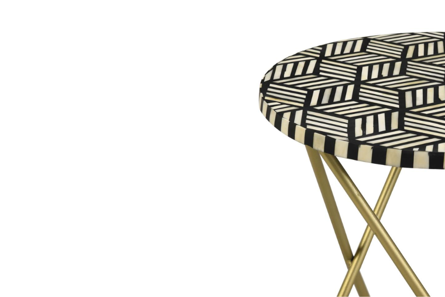 Xenia Round Bone Inlay Accent Side Table White and Gold 935878