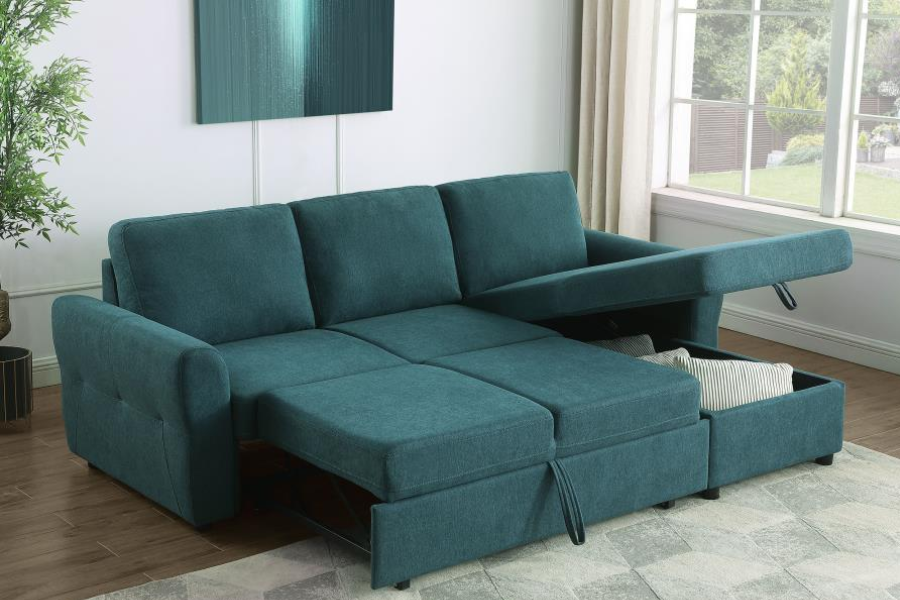 Sofá cama seccional tapizado con espacio de almacenaje Samantha, color verde azulado 511087 