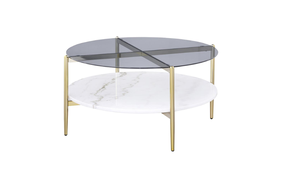 Jonelle Round Glass Top Coffee Table White Marble Shelf Gold 710338