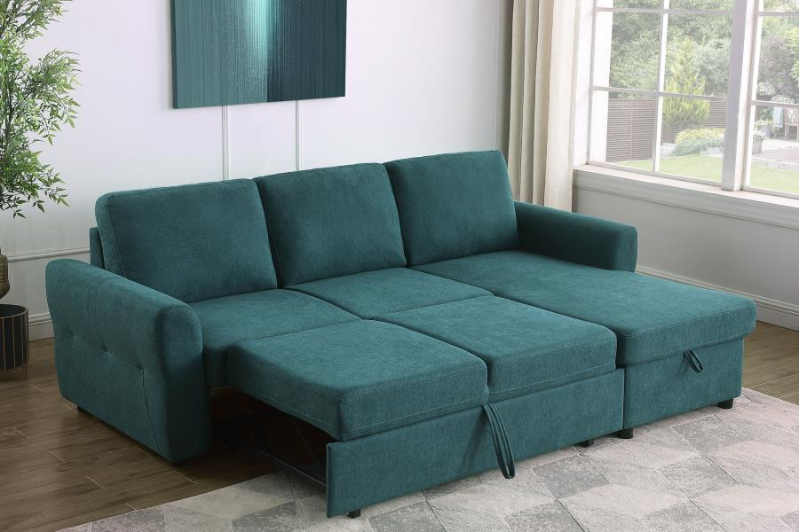 Sofá cama seccional tapizado con espacio de almacenaje Samantha, color verde azulado 511087 