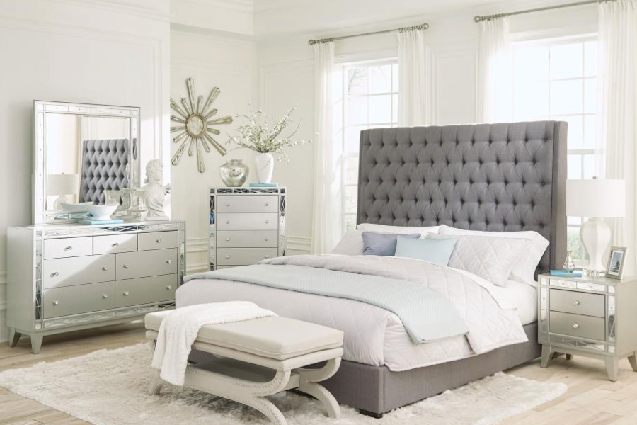 Camille Upholstered Eastern King Panel Bed Grey 300621KE