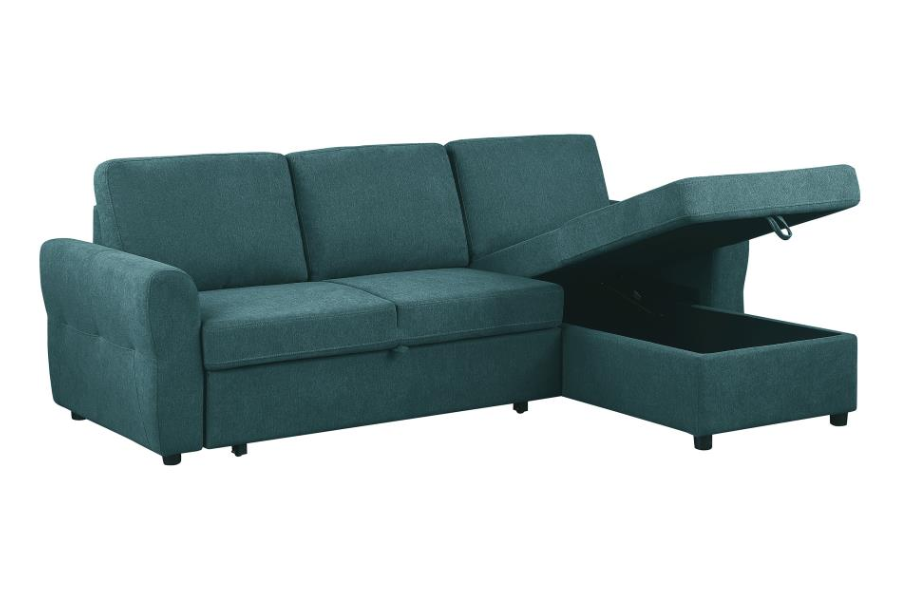 Sofá cama seccional tapizado con espacio de almacenaje Samantha, color verde azulado 511087 