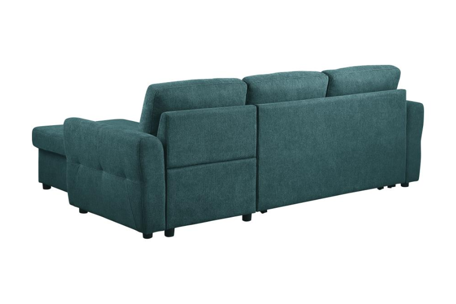 Sofá cama seccional tapizado con espacio de almacenaje Samantha, color verde azulado 511087 